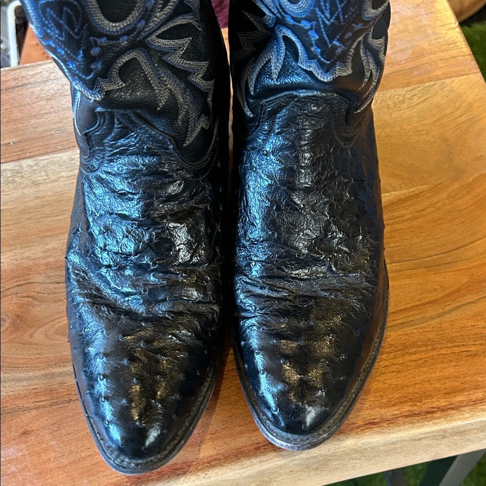 Black and Blue Ostrich leather Western Cowboy Boots - Picture 4 of 12
